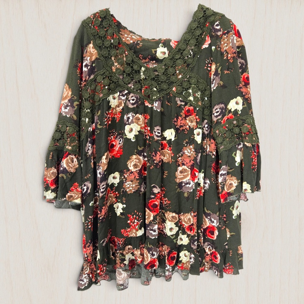 Tantrums Floral Crochet Lace Tunic Top Olive Green Boho Bell Sleeve Medium